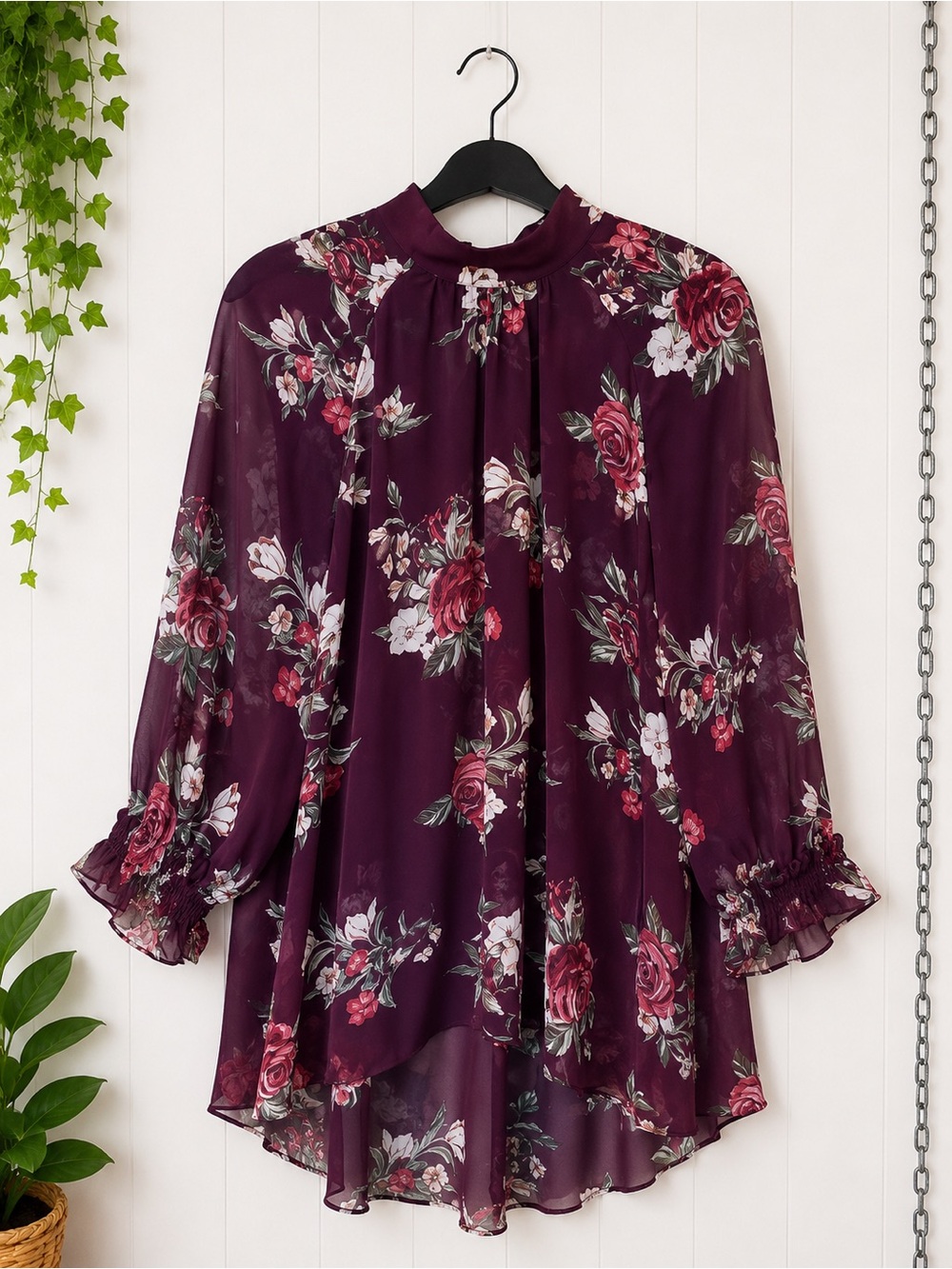 DR2 Daniel Rainn Floral Chiffon Tunic Top - Plum Large L